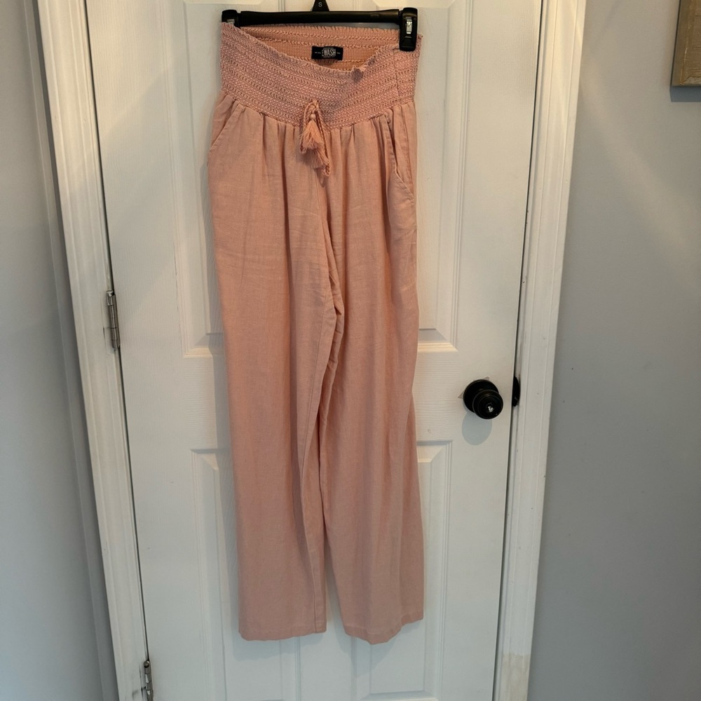 REWASH Women’s Linen Elastic High Waist Wide Leg Pink Blush Pants